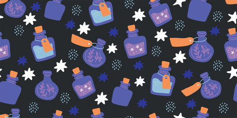 Seamless pattern with colorful magic cartoon bottles and love potions on black. Vector illustration. Magic elixir hand drawn pattern design on dark background. Scandinavian style magician pattern - 472569052