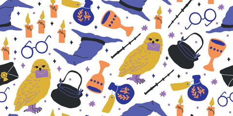 Seamless pattern: elements for witches and wizards in doodle style - owl, potion, round glasses, pot, kettle, white owl, letter, grail, goblet, witch hat, candles, book of spells. Kids magic pattern