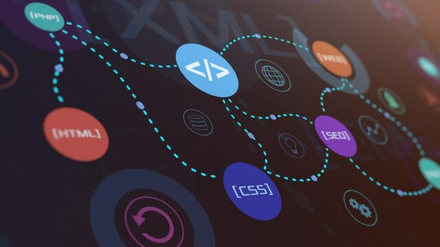 infographic animation, web development and web design concept, keywords and icons connected with lines, team work and collaboration, software development process (3d render)