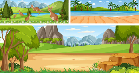 Set of different outdoor landscape scenes with cartoon character