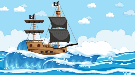 Wandcirkels Piraten Ocean with Pirate ship at day time scene in cartoon style  © brgfx