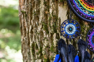 Handmade dream catcher with feathers threads and beads rope hanging