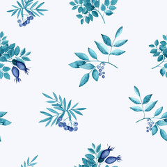 Fototapeta na wymiar Watercolor drawing of branches with turquoise leaves and blue berries on a white background. Seamless pattern of sprigs of rowan, wild rose and bird cherry.