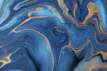 Abstract fluid art background navy blue and brown colors. Liquid marble. Acrylic painting with...