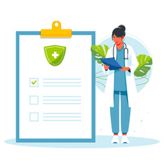 doctor examines the report of the disease. Medical checkup annual doctor health test appointment tiny person concept. Preventive examination. Patient consults hospital specialist. Vector illustration