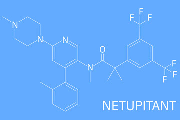 Netupitant drug molecule. NK1 receptor antagonist, used in combination for the prevention of nausea and vomiting induced by chemotherapy. Skeletal formula.
