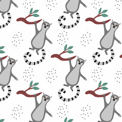 Childrens seamless pattern with lemur hanging on branch. Hand-drawn pattern with cute lemur in cartoon style.