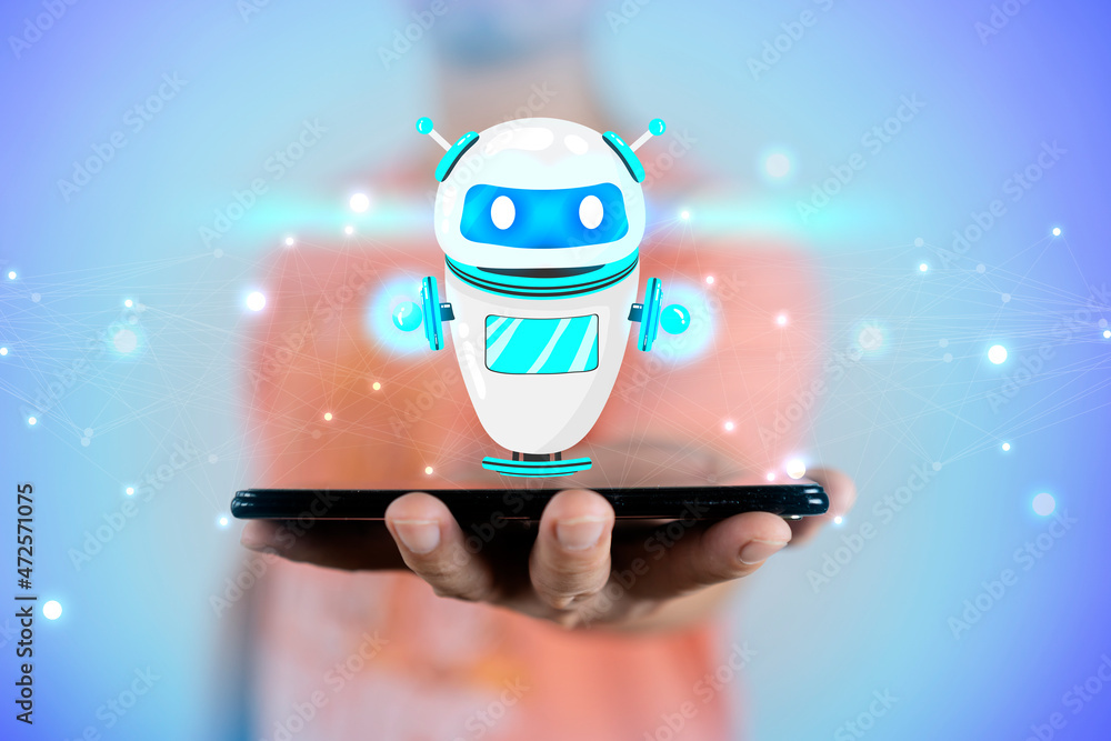 Poster businessman on blurred background using digital chatbot robot application