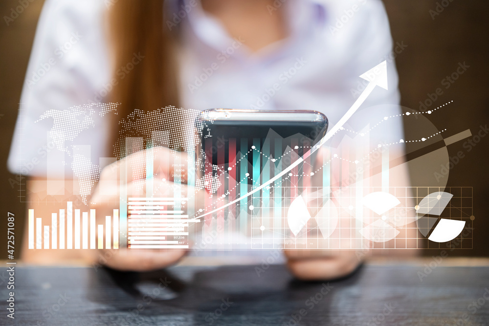 Poster businesswoman or stock trader analyzing stock graph chart using smartphone with touch screen to buy 