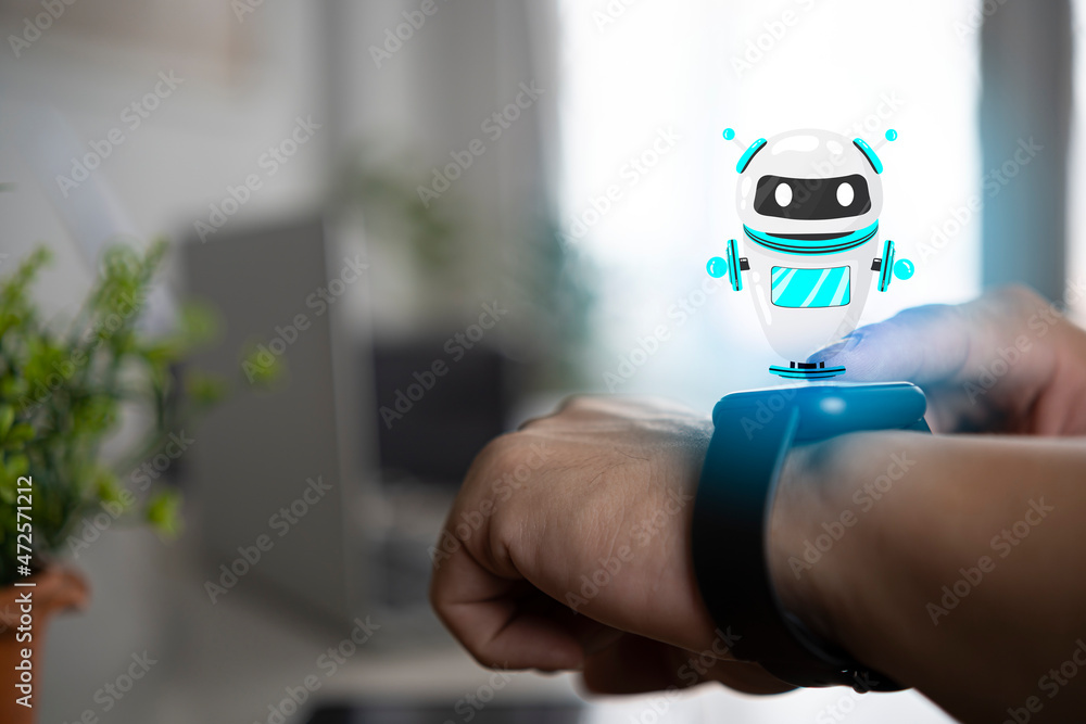 Poster smart watch on businessman hand with bubbles message on screen. chatting with chatbot on digital wat