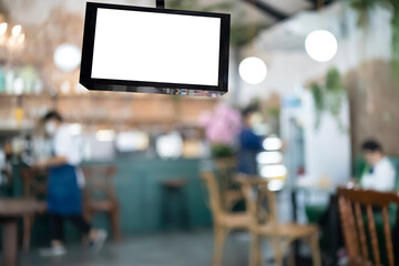 Mock up Poster frame template in Cafe table and seats interior
