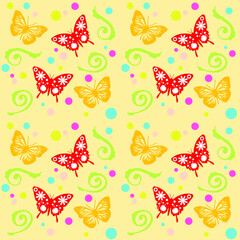 Vector butterflies in bright colors. Seamless pattern background. Repeated pattern for fashion design, fabric design and wrapping paper background. Vector art.