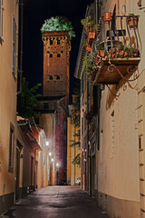 Lucca, Tuscany, Italy: night view of the medieval Guinigi Tower, with the trees (holm oaks) on top, from a narrow alley in the old town of the ancient city - obrazy, fototapety, plakaty