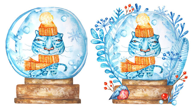 Winter ball. Blue tiger with knitted skarf and hat. Cute Christmas Elements by hand drawn in watercolor. Isolated white background.