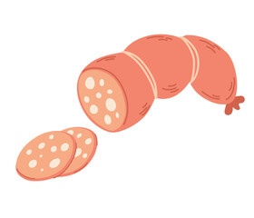 Sausage. Food. Ingredient slice, cooking salami. Meat product for a grocery store on a white background. Vector hand draw cartoon illustration.
