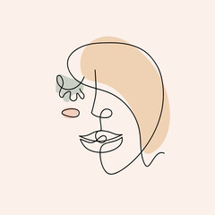 Abstract woman face with colored spots on pale pink background. Abstractionism. People sketch. Contemporary art. Continuous line drawing abstract portrait for wall decoration. Vector illustration.