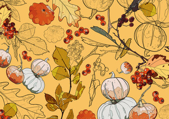 Pumpkins, leaves and rowan on a yellow background. Autumn card.