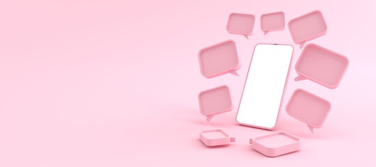 3D rendering. Pink Smartphone white screen Surrounded by a Many pink chat symbols. Smartphone white screen can be used for commercial advertising, on the pink background, illustration.