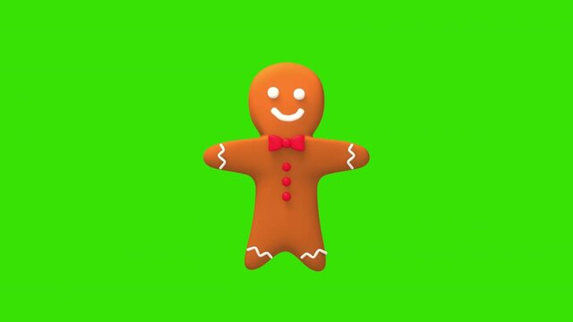 Looped cartoon gingerbread man on green screen background animation.
