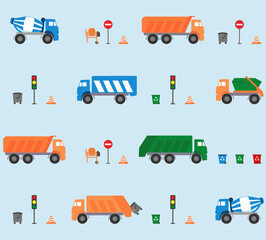 Seamless pattern with garbage truck, skip loader truck, concrete mixer truck, lorry truck, traffic light, trash can. Vector illustration.