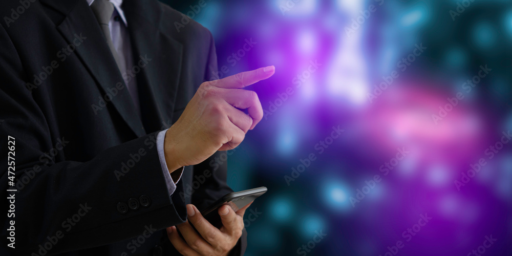 Poster man hand holding smartphone touching a virtual screen. using modern internet technology , social net