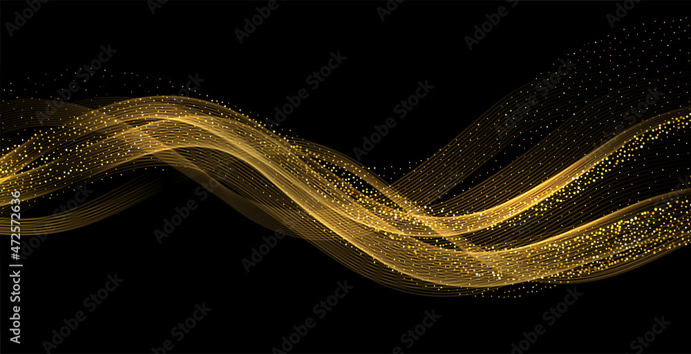 Aufkleber Abstract Gold Waves. Shiny golden moving lines design element with glitter effect on dark background for greeting card and disqount voucher.