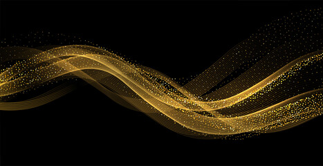 Abstract Gold Waves. Shiny golden moving lines design element with glitter effect on dark background for greeting card and disqount voucher.