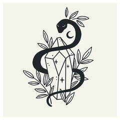 Occult magic snake with crystal. Black snake among branches and leaves. Symbol of magic.Vector illustration