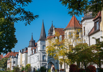 historic buildings with turrets and gables, munich district Neuhausen - obrazy, fototapety, plakaty