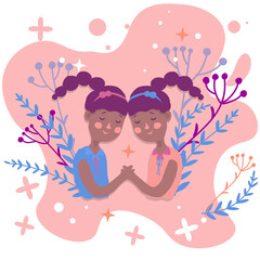 Sister's love. Cute black little twins girls on a pink background. Family love. Botanic background. Vector illustration. Can be used as a postcard, stickers, wallpaper.
