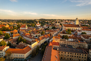 Fototapeta na wymiar Aerial summer evening sunset view in sunny Vilnius oldtown