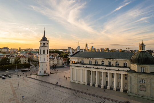 Aerial summer evening sunset view in sunny Vilnius oldtown