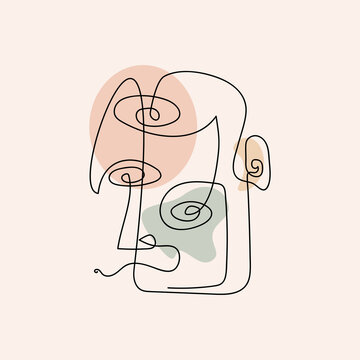 Abstract male faces and colored spots on pale pink background. Abstractionism. Sketch. Contemporary art. Continuous line drawing abstract portrait people for wall decoration. Vector illustration.