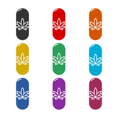Medical pills with marijuana or cannabis leaf icon isolated on white background, color set