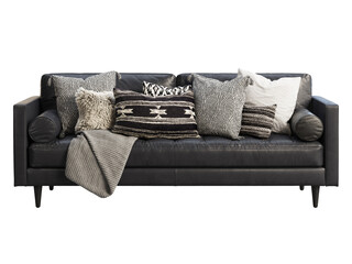 Mid-century tufted black leather upholstery sofa with pillows and throw plaid. 3d render.