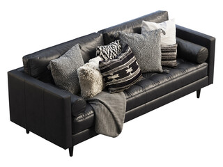 Mid-century tufted black leather upholstery sofa with pillows and throw plaid. 3d render.