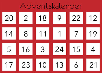 Advent Kalender mit 24 Türchen nummeriert,
Tradition in der Adventszeit,
Vektor Illustration isoliert auf weißem Hintergrund
