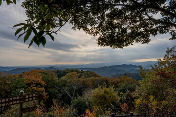 Fototapeta na wymiar Autumn season mountain view. Scenic mountain landscape. Colourful travel background. Japan 