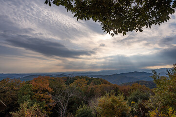 Obraz premium Autumn season mountain view. Scenic mountain landscape. Colourful travel background. Japan 