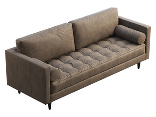 Obraz premium Mid-century tufted brown leather upholstery sofa with roller pillows. 3d render.