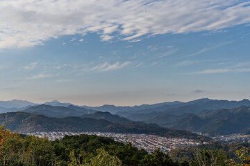 Autumn season mountain view. Scenic mountain landscape. Colourful travel background. Japan 