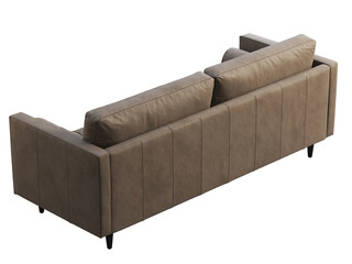 Mid-century tufted brown leather upholstery sofa with roller pillows. 3d render.