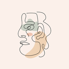 Abstract male face with colored spots. Abstractionism. People sketch. Continuous line drawing abstract portrait for wall decoration. Vector illustration.