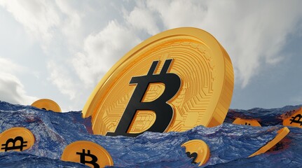 Bitcoin flowing on a ocean.BTC is sinking same liquidity concept .3D Rendering.