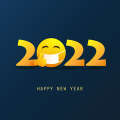 Stay Safe in 2022 - Happy New Year Greeting Card or Background, Creative Design Template with Emoji Wearing Face Mask