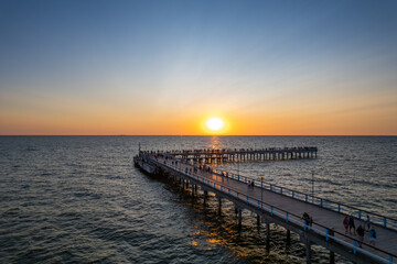 Aerial summer sunset view of sunny resort Palanga, Lithuania. Baltic sea, Palanga Bridge - Pier