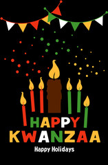 Fototapeta na wymiar Happy Kwanzaa vector flat illustration on black dark background with confetti. African celebration cute design card.