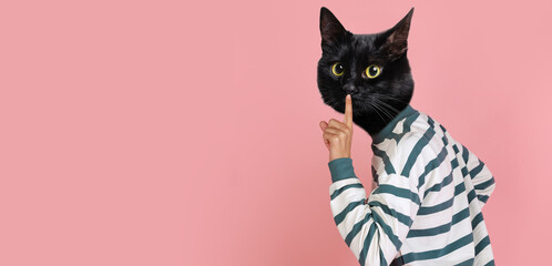 Contemporary artwork, conceptual collage. Young stylish man in striped sweater headed by cat head isolated on purple background in neon. Surrealism