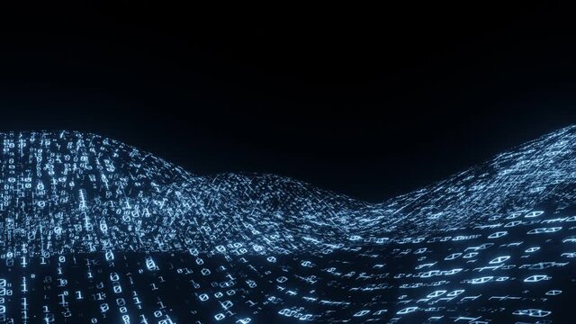 Binary wave animation. Perfect CG seamless loop. Concept for big data, deep machine learning, artificial intelligence, quantum processing, virtual reality, blockchain and cryptocurrency