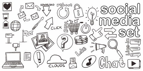 Set of hand drawn doodle social media for sales promotion isolated on white background.